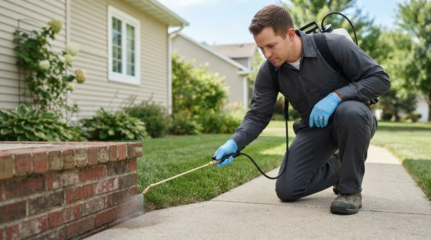Pest control technician treating a home near Henderson, TN